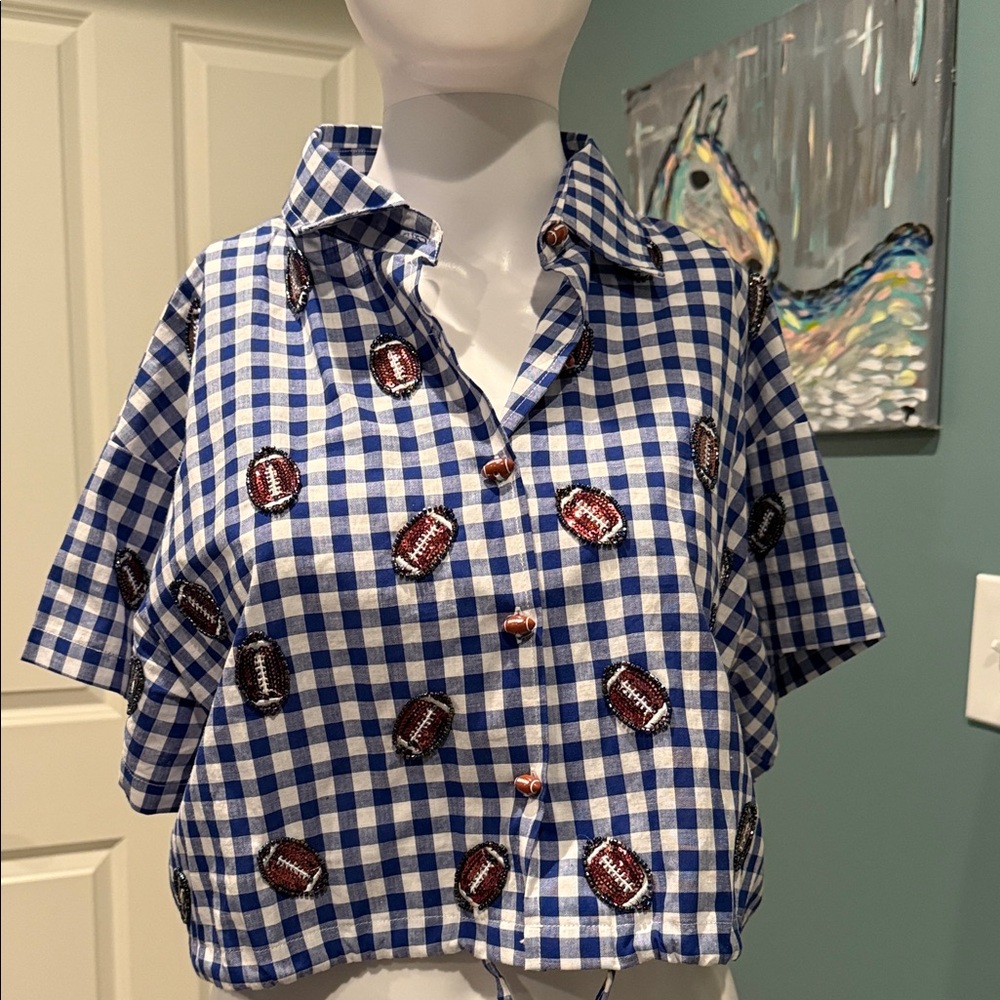 QUEEN OF SPARKLES Blue Gingham Football Set (Top and Shorts)